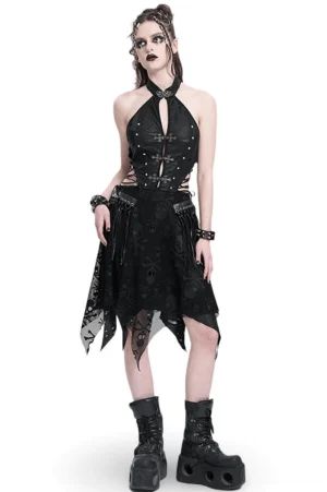 Black skull lace halter dress front view with cross metal clasp and cutout waist, gothic punk style on model
