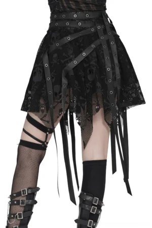 Gothic lace mini skirt side profile displaying long ribbon tassels and mesh strap design