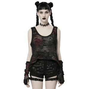 Black skull mesh gothic tank top with fingerless gloves set on model - front view showing embroidered crossbone pattern and red plaid lining
