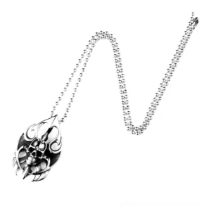 Unisex gothic necklace with beaded chain and skull pendant stainless steel full length