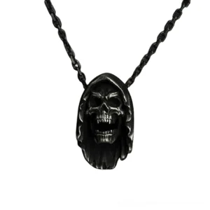 Full frontal view of screaming hooded skull gothic pendant necklace, direct face shot showing intricate sculpted features