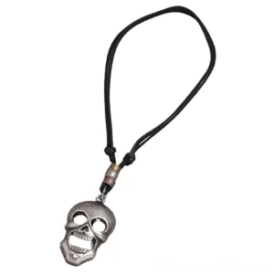 Miniature hollow skull charm pendant on adjustable black leather necklace, detailed front view