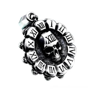 Top-down overhead view of round skull pendant charm with detailed Roman numerals and vintage silver finish, showcasing the spiked circular border design and precise engravings