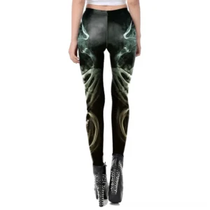 Rear view of skull print gothic leggings worn with studded platform heels, demonstrating high-waisted fit and flattering silhouette for women
