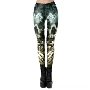 Black skull print gothic leggings front view detail, showcasing eerie skull motifs on dark fabric with form-fitting ankle-length cut