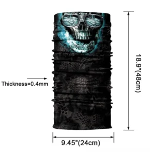 Skull printed face gaiter flat lay showing stretchable black textile with blue glowing skull design