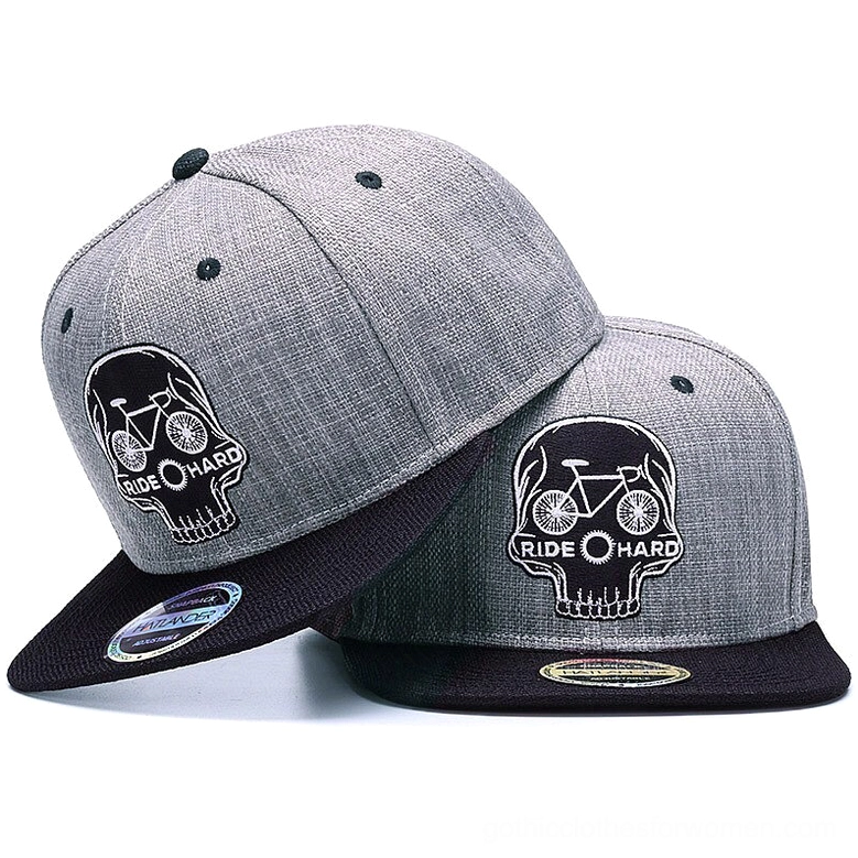 Skull Rider gothic snapback cap oblique view showing embroidered skull and bicycle design with adjustable strap