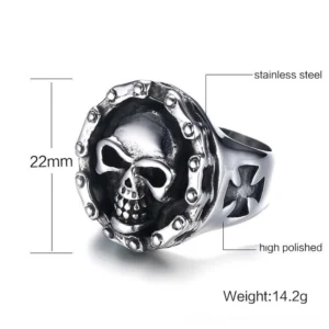 Detailed side and front view of memento mori skull ring showing 22mm diameter skull design with cross motif shoulders and high-polish finish