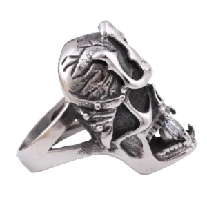 Gothic skull ring rear angle showing detailed skull carving and vintage silver finish