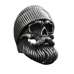 Dark vintage bearded skull ring right three-quarter view displaying hollow skull design and detailed knit beanie texture