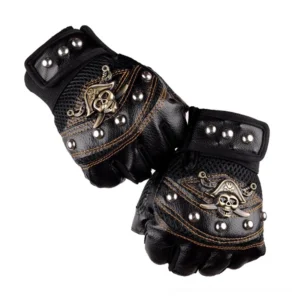 Flat lay top view of black leather skull rivet fingerless gloves with vintage metal studs and stitched seams on white background