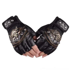 Black skull rivet half-finger gloves with metal studs, worn on real hands showing pirate skull emblem and mesh design