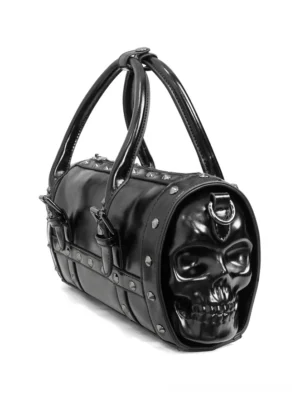 Black gothic skull rivet PU leather duffle handbag front three-quarter view with detailed metal rivet embellishments and 3D skull ornament
