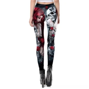 Back view of skull rose gothic print leggings showing full print coverage and ankle-length fit with elastic waistband, styled with studded platform boots for complete dark gothic aesthetic