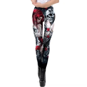 Skull rose gothic leggings front view featuring red skull prints, rose motifs and red-haired woman design on black fabric, mid-rise waistband, perfect for gothic Halloween and dark aesthetic fashion