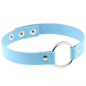 Sky blue PU leather gothic choker with zinc alloy O-ring detail, adjustable neck jewelry product shot