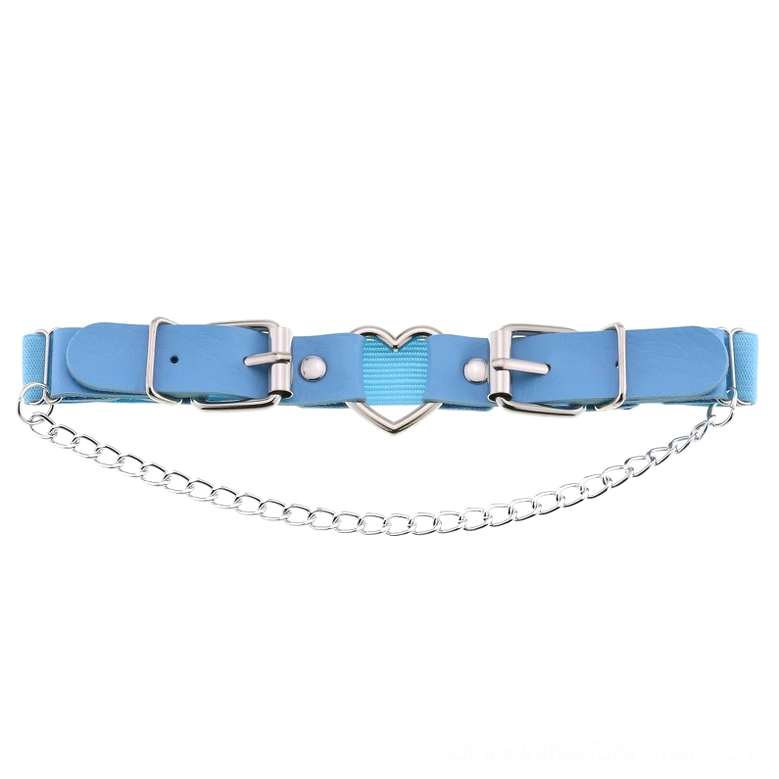Sky blue PU leather garter belt with heart metal fitting and decorative curb chain pendant