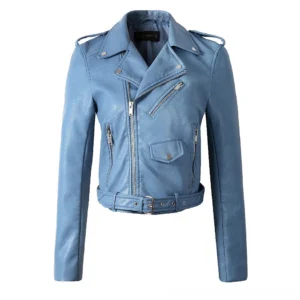 Women's sky blue faux leather motorcycle jacket with lapel collar and adjustable belt - front studio shot