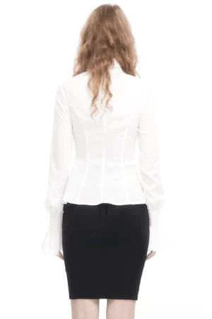 Slim fit gothic white blouse rear view showing tailored back seams and dramatic flared bell cuffs with smocking detail