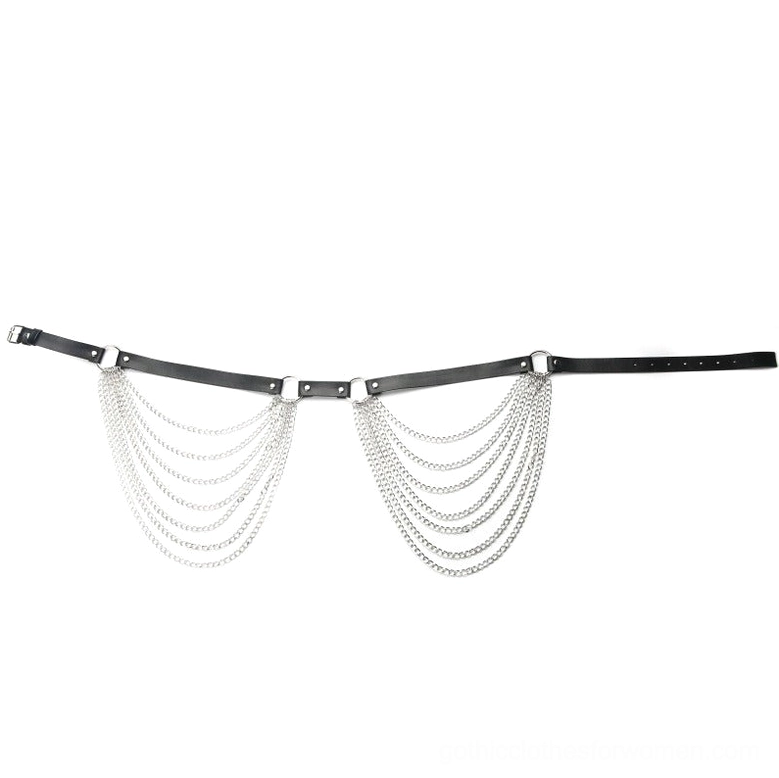 Slim gothic waist strap harness with small symmetrical chain tassels flat lay product view