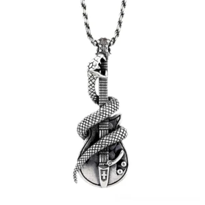 Snake wrapped guitar sterling silver gothic pendant necklace front view with detailed scale texture on white background