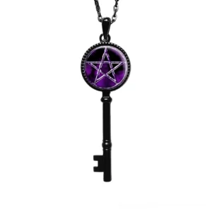 Black Solomon pentagram key necklace unisex gothic pendant with purple glass star charm and link chain
