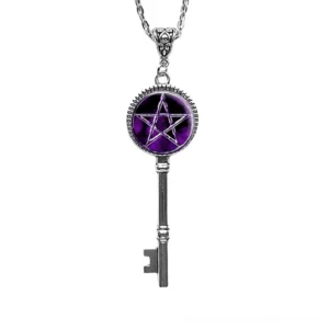 Silver-toned Solomon magic key necklace gothic occult pendant with purple pentagram glass charm front view
