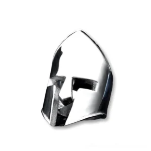 Polished silver Spartan knight helmet gothic ring front view showing hollowed warrior face design on white background