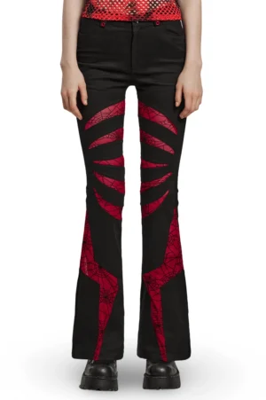 Black and red spiderweb flared gothic pants front view worn by model