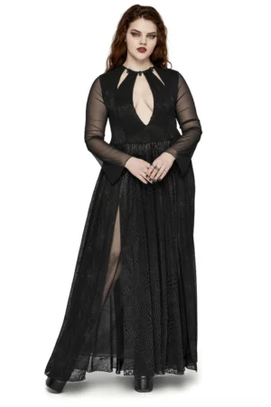Black spiderweb mesh gothic maxi dress with python pattern front view on model, sheer sleeves and strategic cutouts