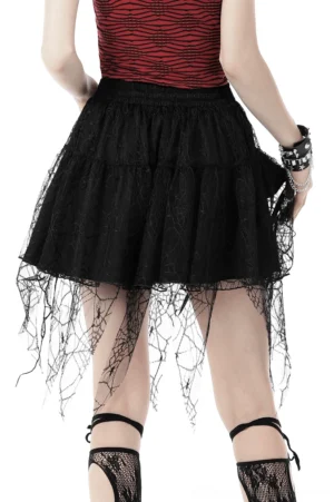 Dark punk spiderweb lace mini skirt with silver metal buckle - back perspective displaying mesh fabric layers and gothic lace details