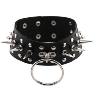 Black spiked leather choker necklace flat lay top-down view showing adjustment holes and inner construction details