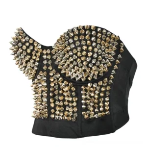Strapless gothic corset bustier with gold cone studs, three-quarter front angle showing stud pattern and architectural design