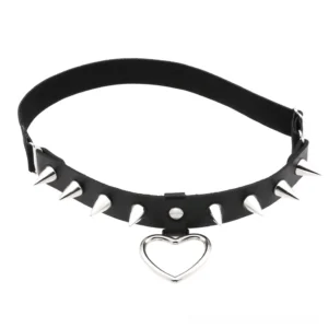 Black PU leather gothic leg garter with silver spikes and heart charm, front flat lay studio product shot