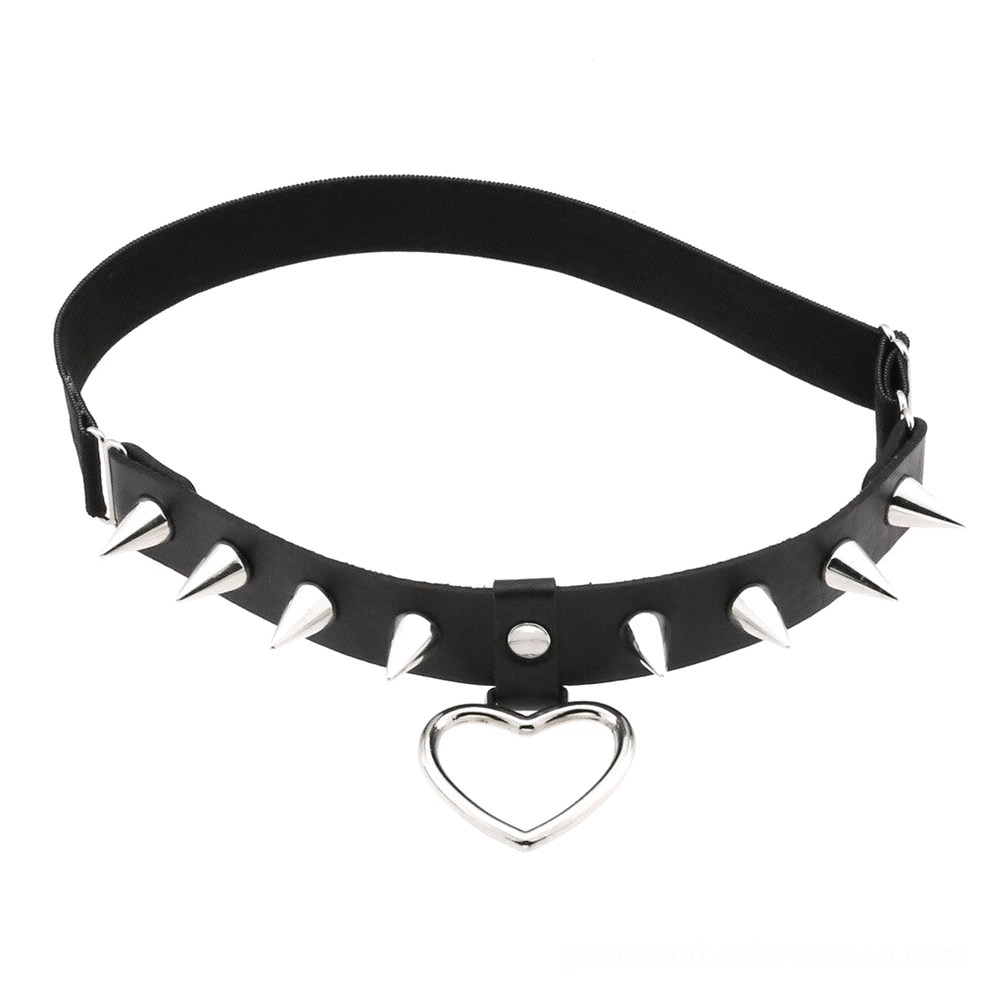 Black PU leather gothic leg garter with silver spikes and heart charm, front flat lay studio product shot