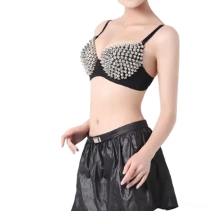 Silver spike embellished gothic bra three-quarter side angle on model with alternative styling