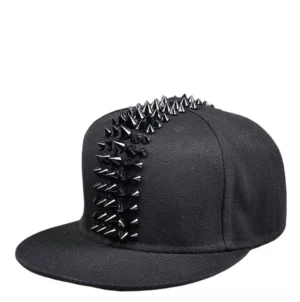 Black spike studded snapback cap with vertical metal cone studs, flat brim design, gothic punk alternative fashion headwear