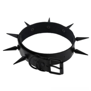 Spiked choker collar overhead flat lay displaying geometric spike stud pattern and ring shape design
