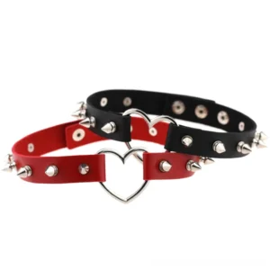 Spiked PU leather heart choker collection in black and red colors, flat lay studio display showing silver heart buckles and metal studs detail