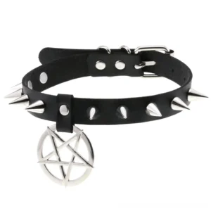 Gothic spiked pentagram choker with silver metal spikes and five-pointed star pendant - angled product view