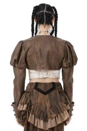 Steampunk brown cropped bolero shrug back view showing padded puff sleeves and open cropped silhouette design