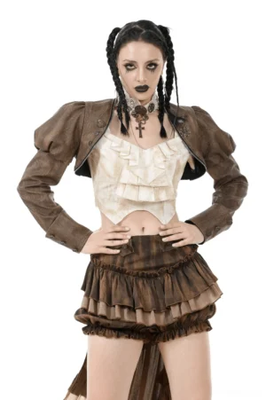 Steampunk brown PU leather cropped bolero shrug front full-body view with dramatic puff sleeves and vintage metal brooches