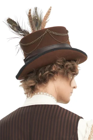 Steampunk brown top hat rear view showcasing gear details, feather placement, and chain embellishments on back