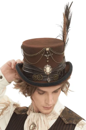 Brown steampunk top hat with peacock feather, metal chains, and vintage cameo ornaments - front close-up studio view