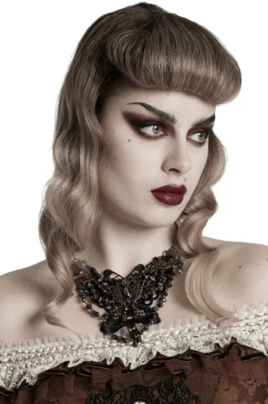 Steampunk butterfly necklace styled with off-shoulder brown dress featuring lace collar on female model in three-quarter view