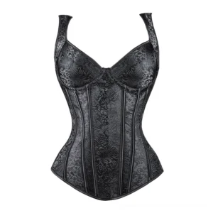 Black steampunk overbust corset with embossed damask texture and vertical boned seams, frontal display
