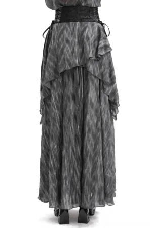 Steampunk corset skirt back view displaying layered ruffled panels and lace-up waist construction