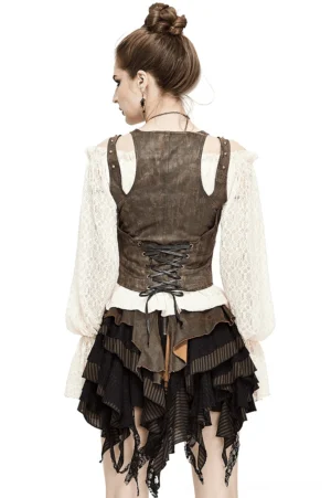 Back full-body view showcasing lace-up closure and adjustable corset design of steampunk vest