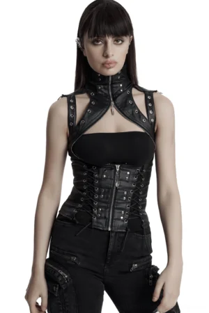 Black high collar steampunk lace-up corset vest front view - featuring dual zippers, cutout shoulders, and structured collar