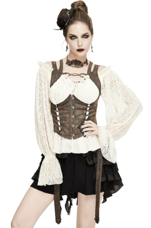 Front full-body view of brown steampunk corset vest with lace-up back on fashion model